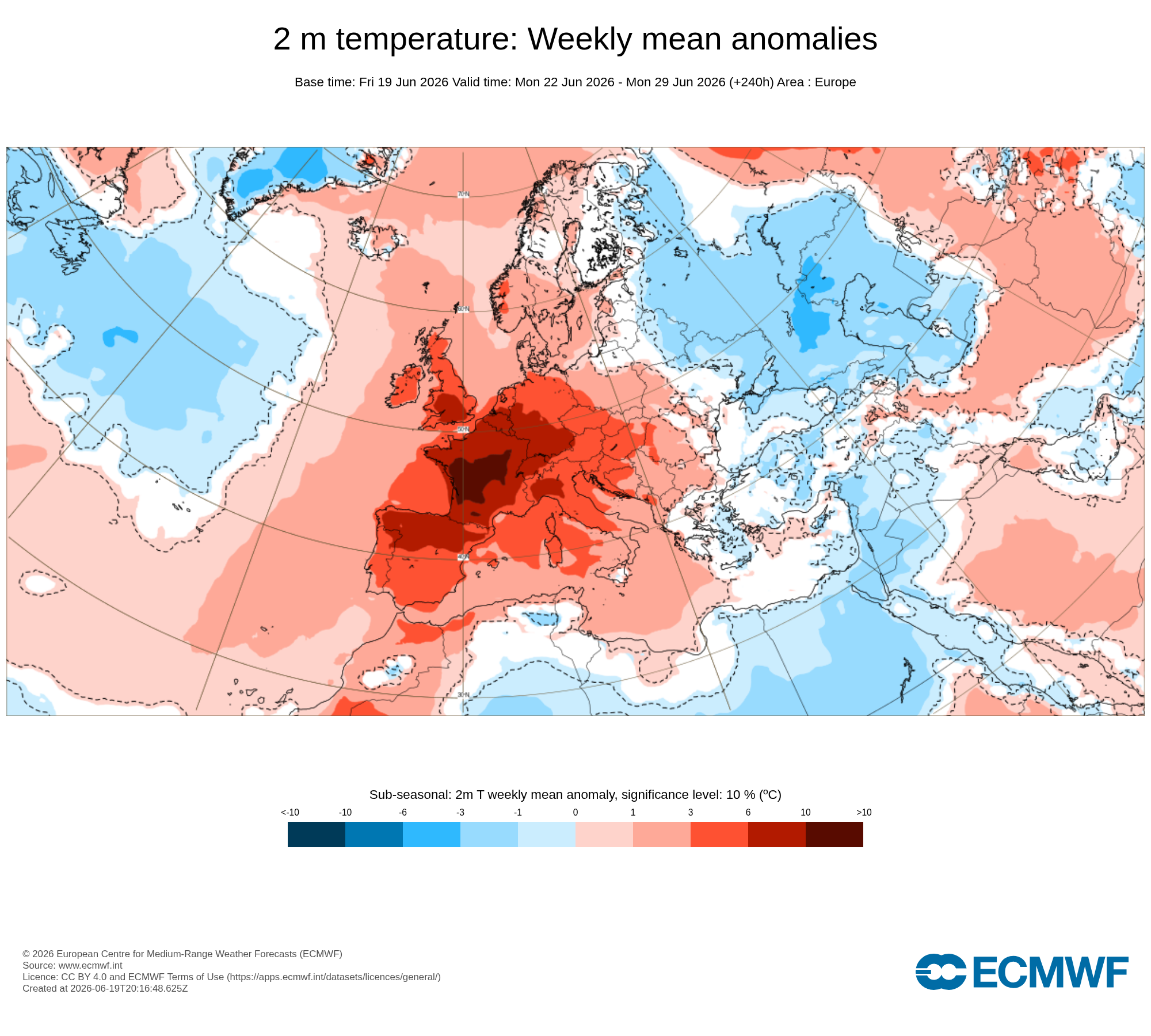 Obr. 1: Výhled odchylky teploty ve 2 m na období od 22.6. do 29.6. Zdroj: ECMWF