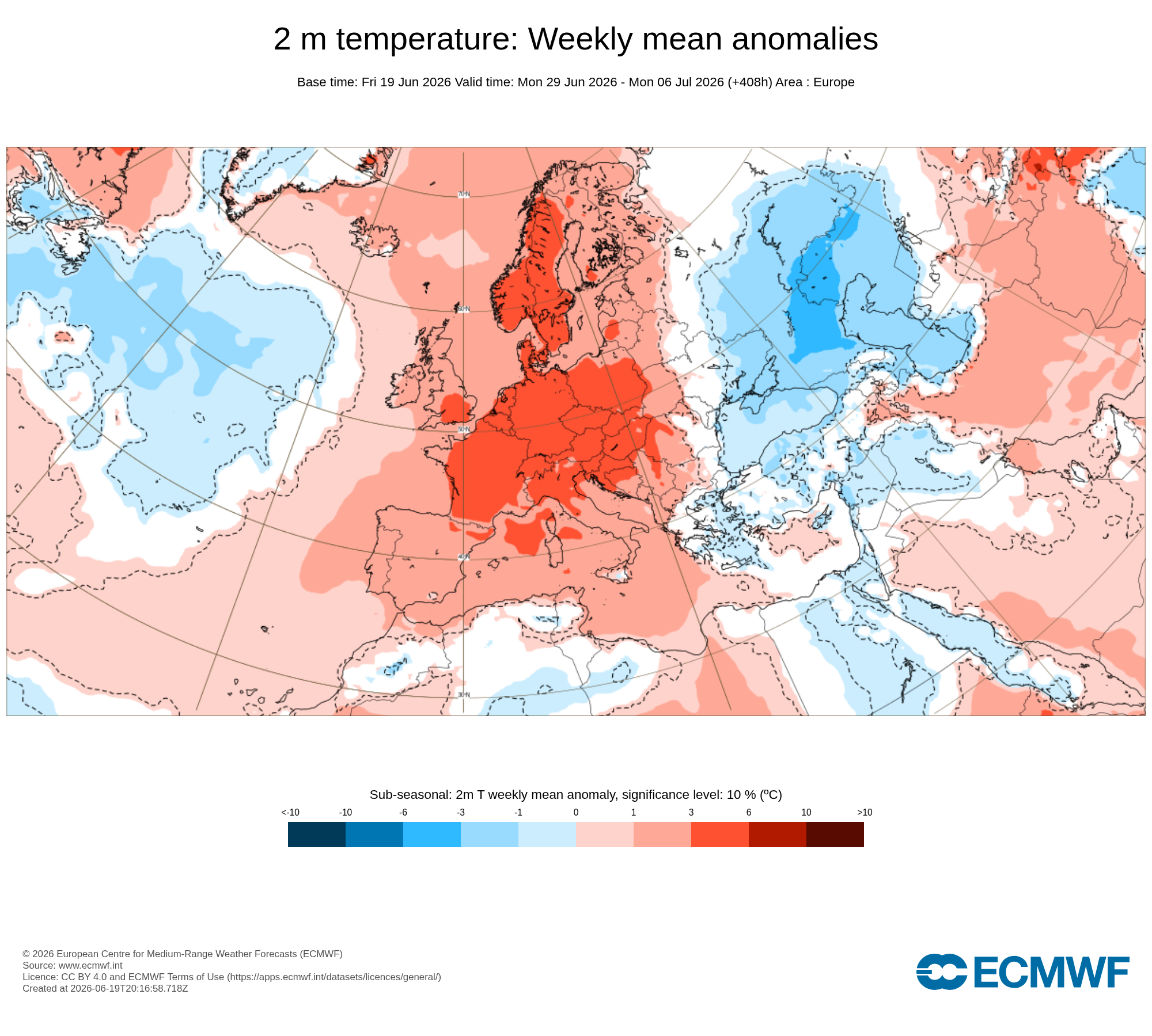 Obr. 2: Výhled odchylky teploty ve 2 m na období od 29.6. do 6.7. Zdroj: ECMWF