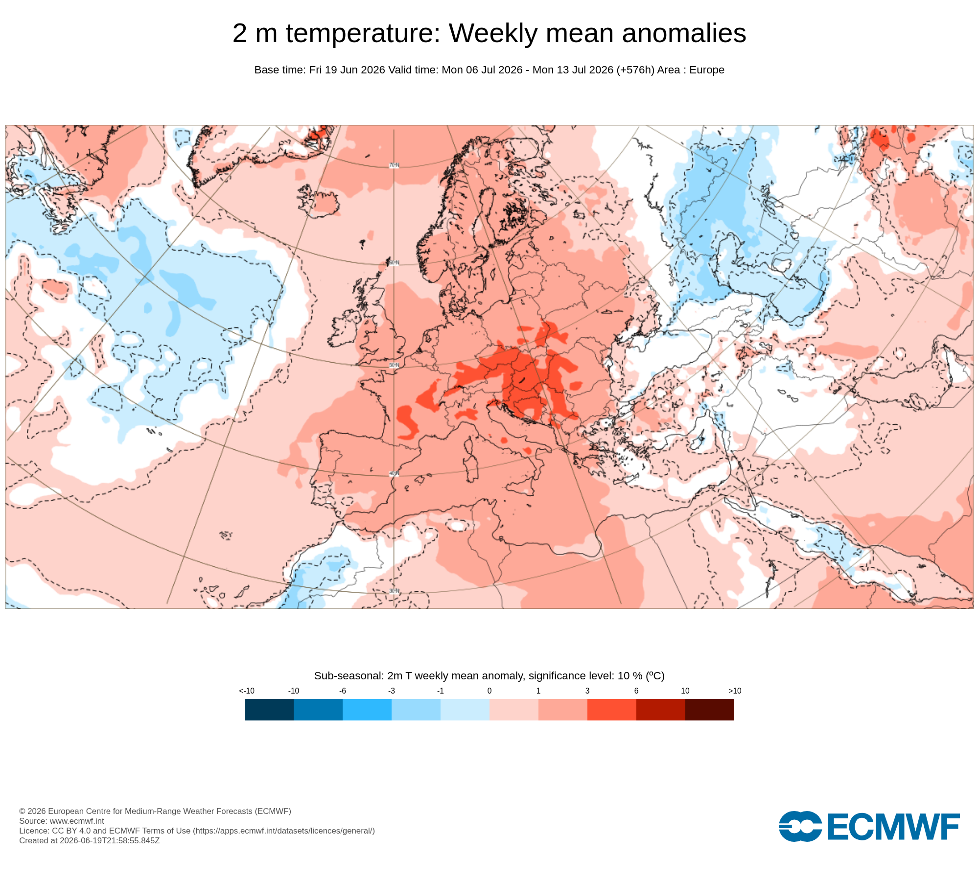 Obr. 3: Výhled odchylky teploty ve 2 m na období od 6.7. do 13.7. Zdroj: ECMWF