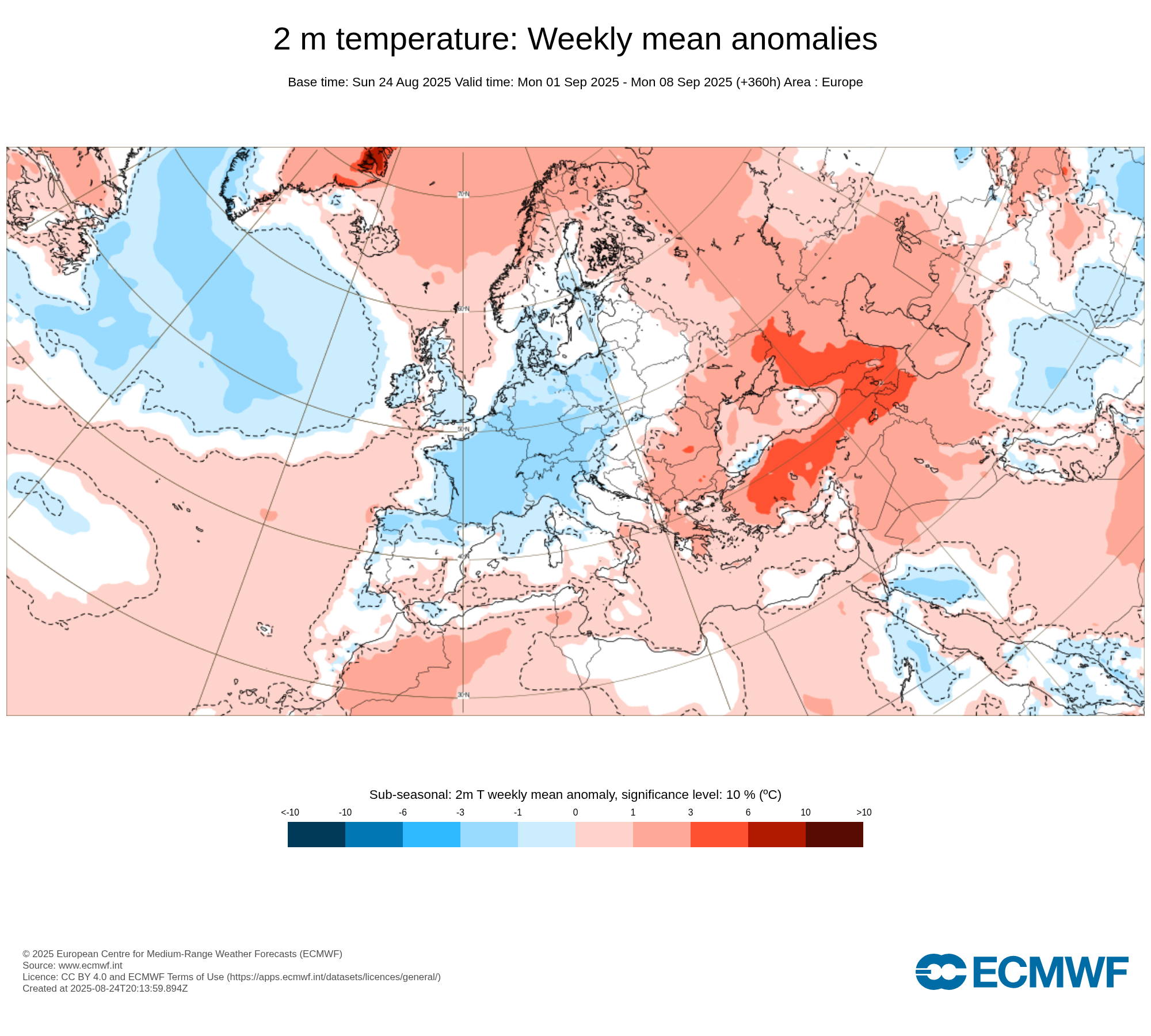 Obr. 1: Výhled odchylky teploty ve 2 m na období od 1.9. do 8.9. Zdroj: ECMWF