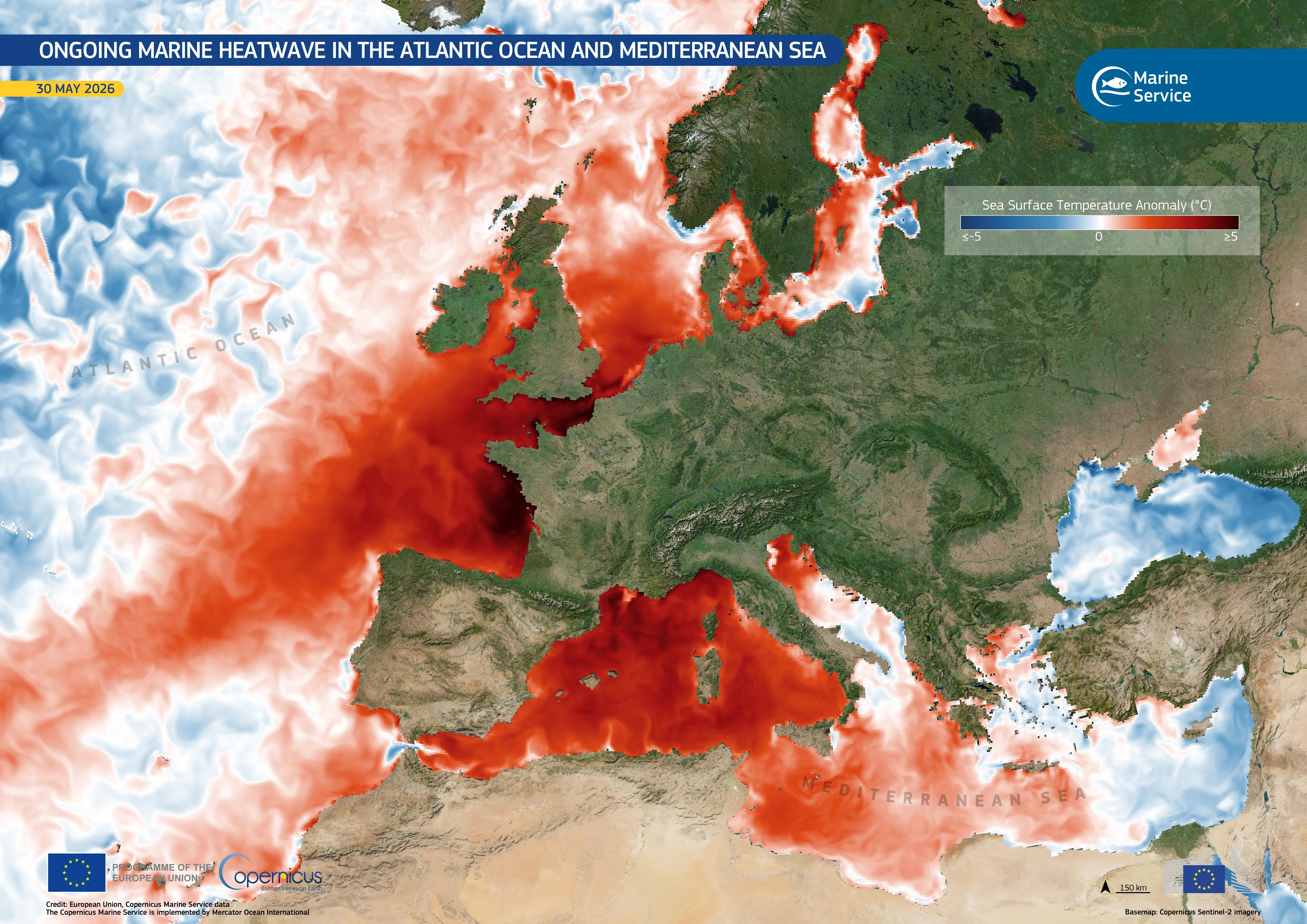 Odchylka teploty hladiny moří od normálu podle programu Copernicus