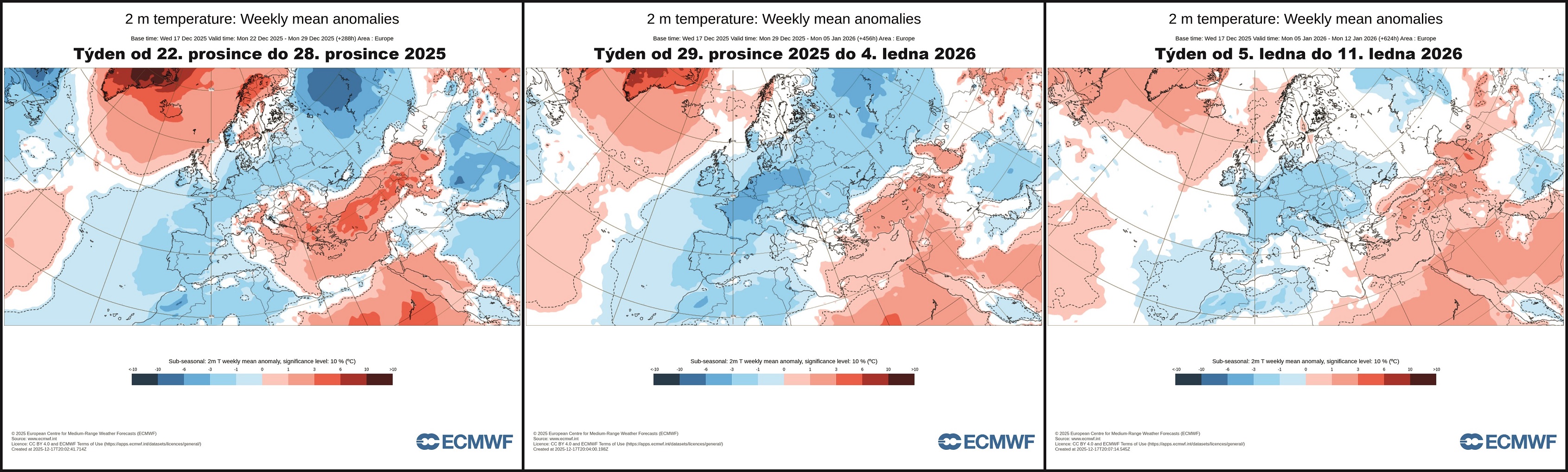 Odchylky týdenních teplot od normálu v posledních týdnech prosince a prvních týdnech ledna (zdroj: ECMWF)