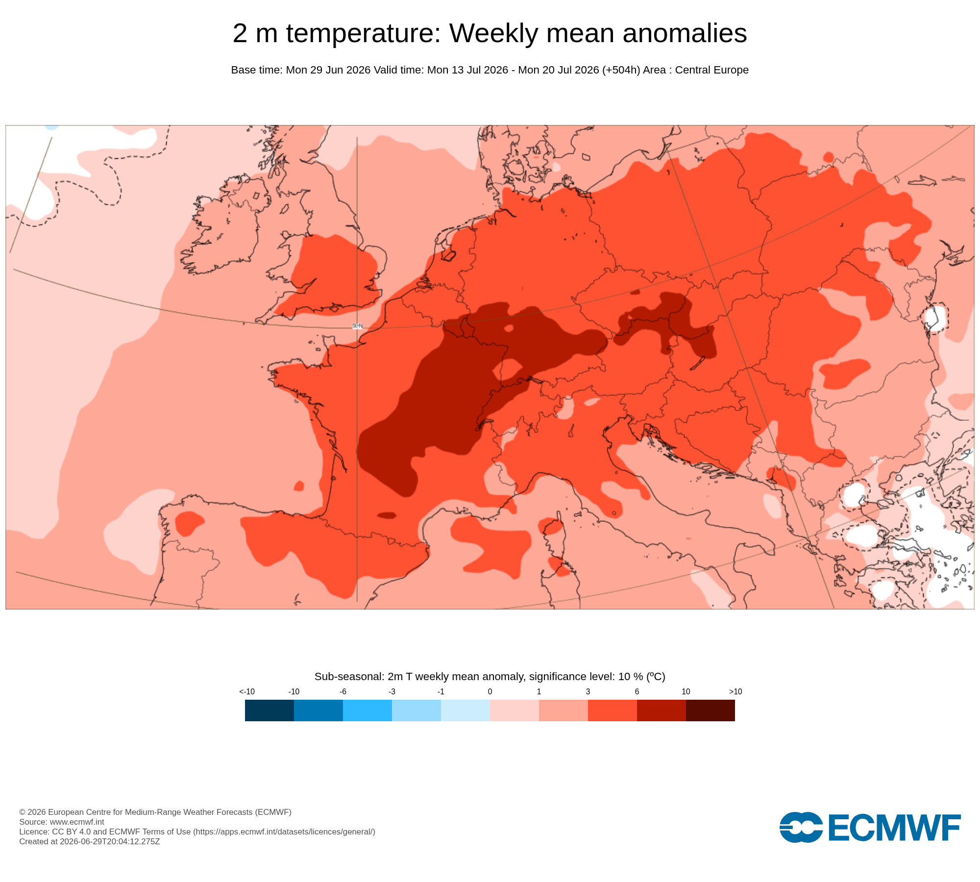 Podle modelu ECMWF by se na začátku 2. dekády července měla objevit další výrazná horká vlna s nadnormálními teplotami