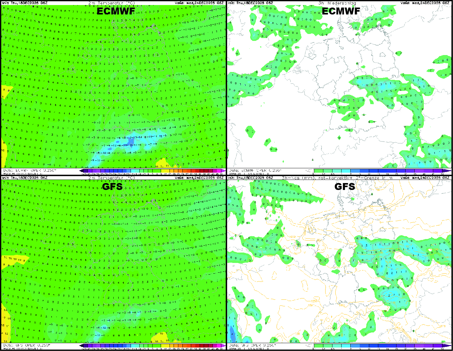 Porovnání modelové předpovědi na Štědrý den podle modelů ECMWF a GFS (zdroj: ECMWF/GFS/Wetterzentrale.de)