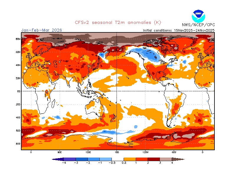 Předpokládané odchylky od normálu z hlediska teploty ve 2 m nad zemí podle klimatologického modelu CFS (zdroj: NOAA/NCEP)