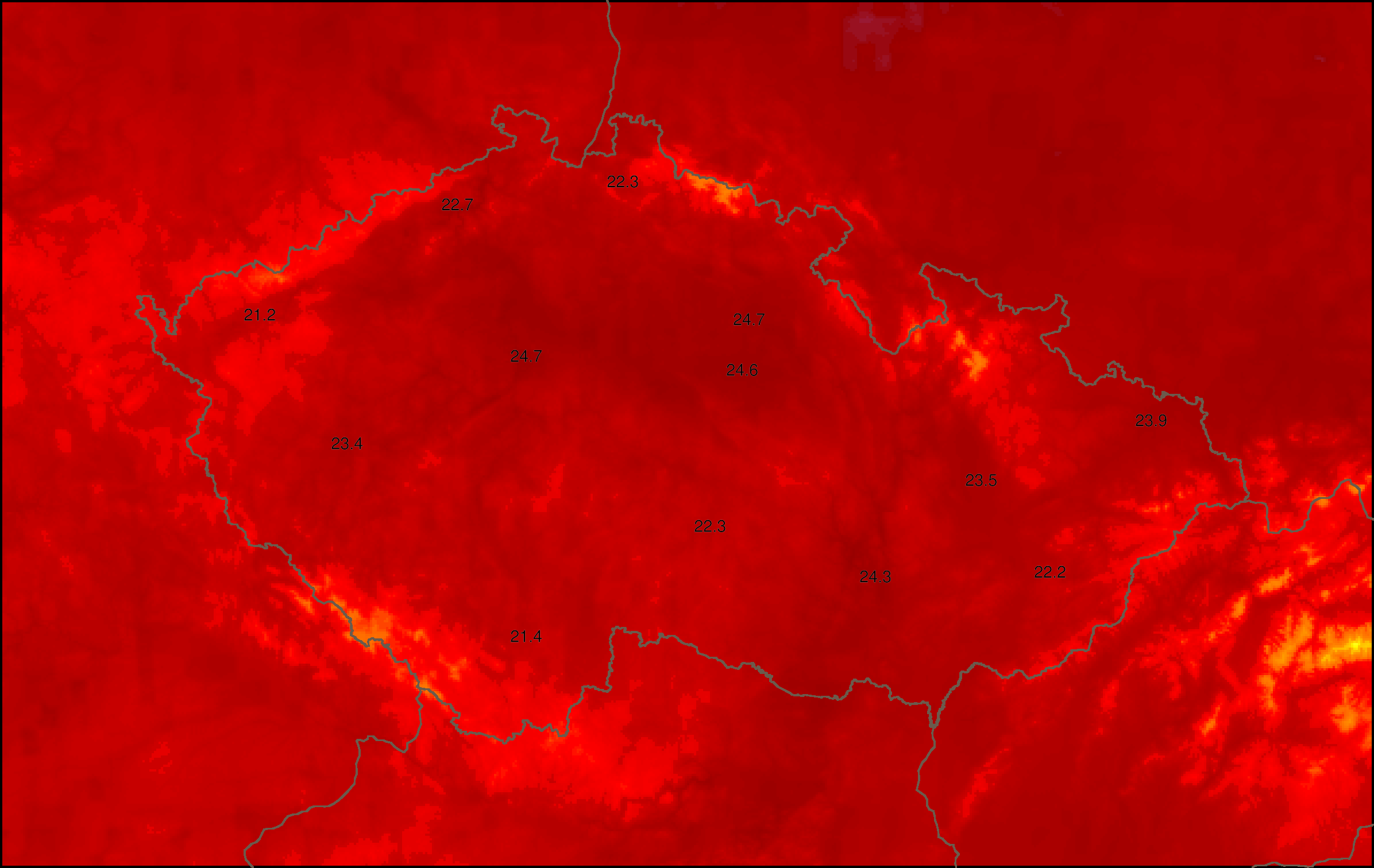 Předpokládané teploty podle ALADINa v 15:00 hodin. Zdroj: Meteocentrum.cz