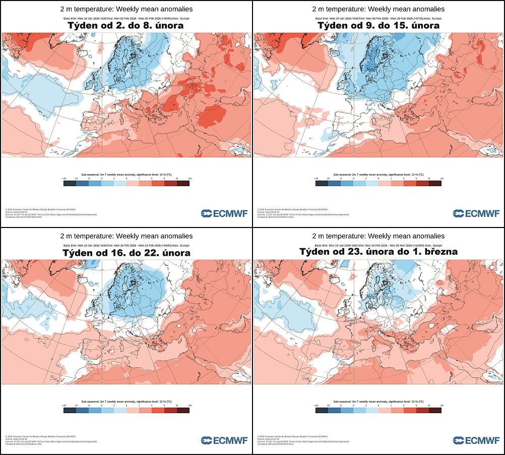 teplotní anomálie ve srovnání s klimatickým normálem 1991-2020 v jednotlivých týdnech února 2026 dle modelu ECWMF