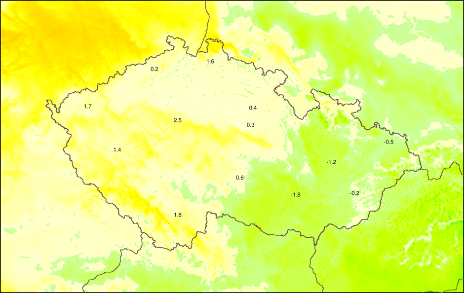 Teplotní rozdíly v rámci Česka ve čtvrtek ráno dle ALADINa