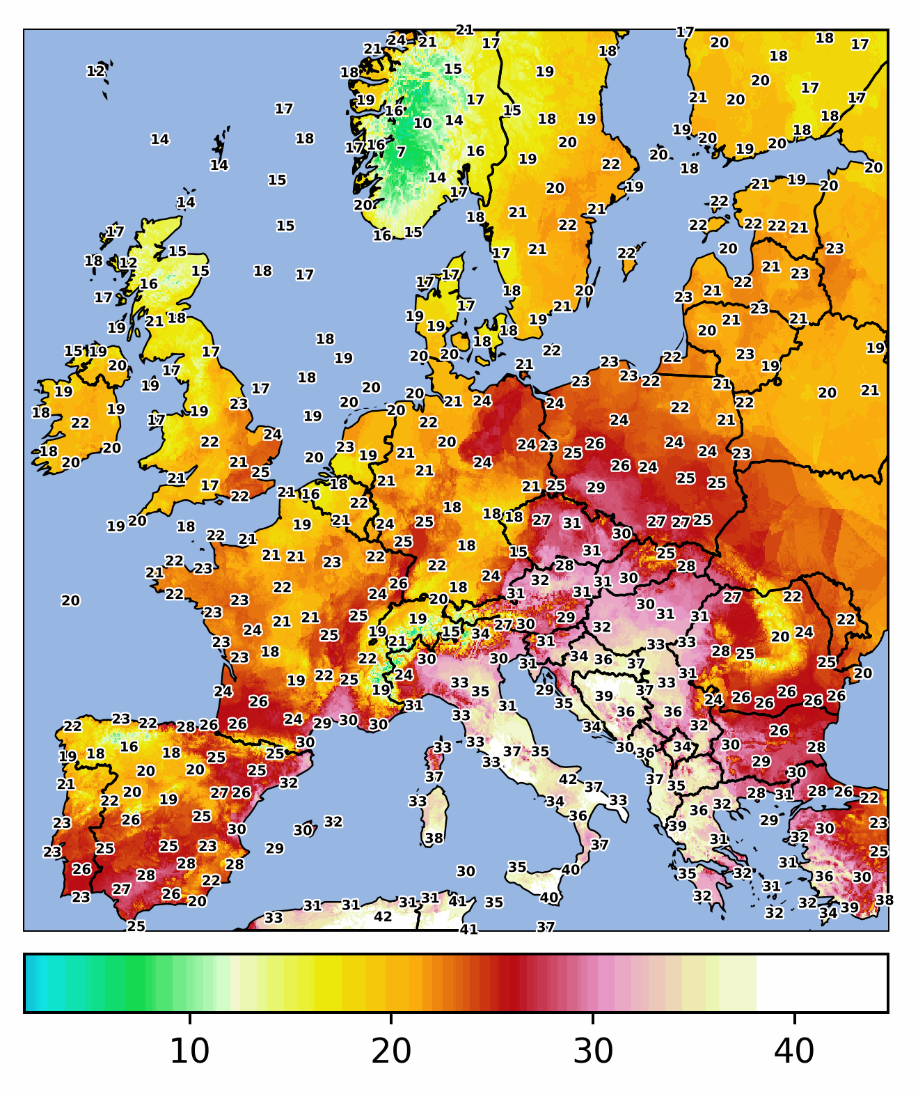 Teploty v Evropě během pátku 28. srpna s rozpálenou Itálií