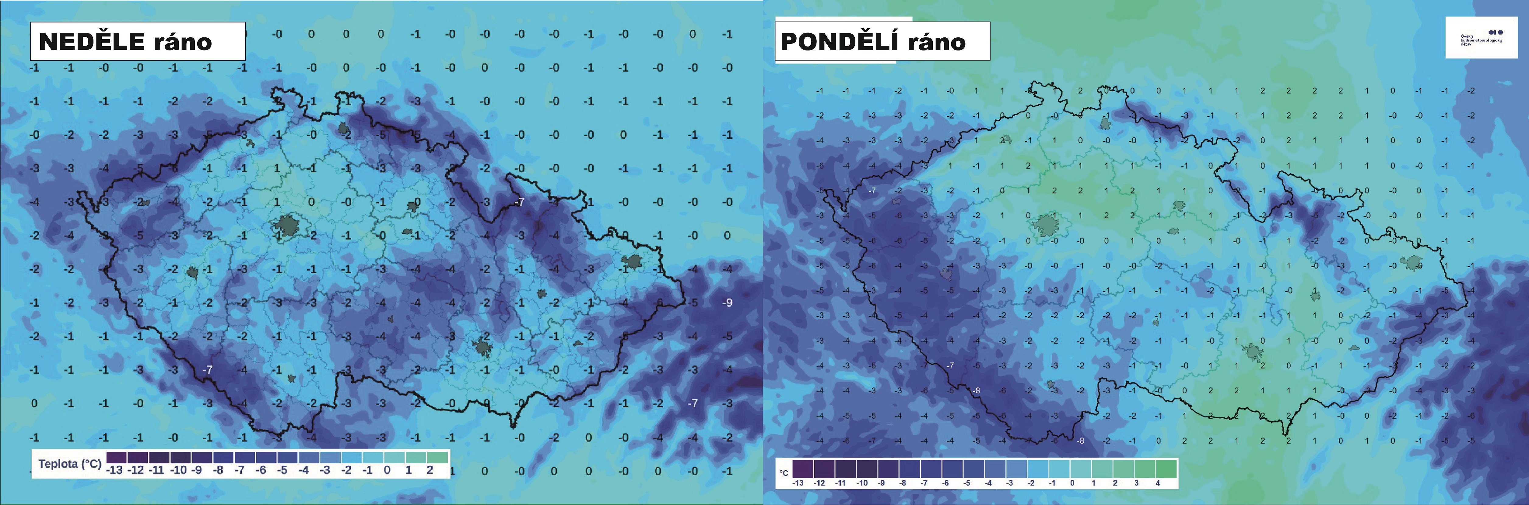 Teploty v neděli a v pondělí ráno