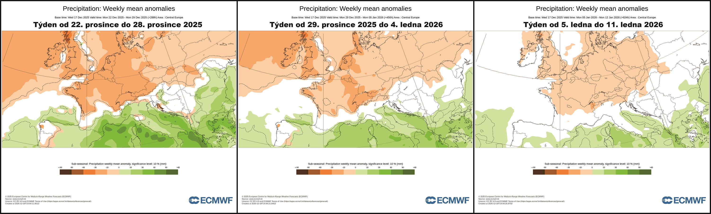 Týdenní odchylky od normálu z hlediska srážek na přelomu prosince 2025 a ledna 2026 (zdroj: ECMWF)