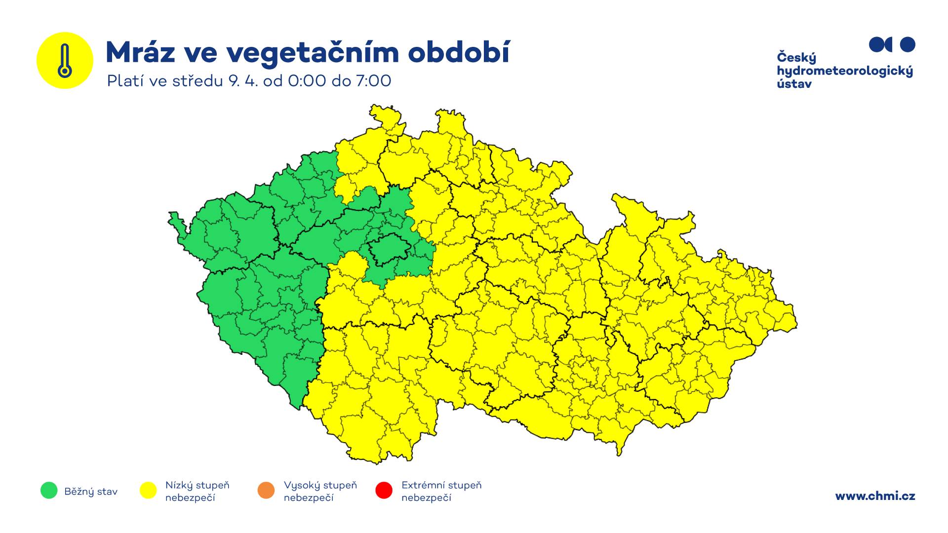 Výstraha ČHMÚ mráz ve VO 9. 4. 2025