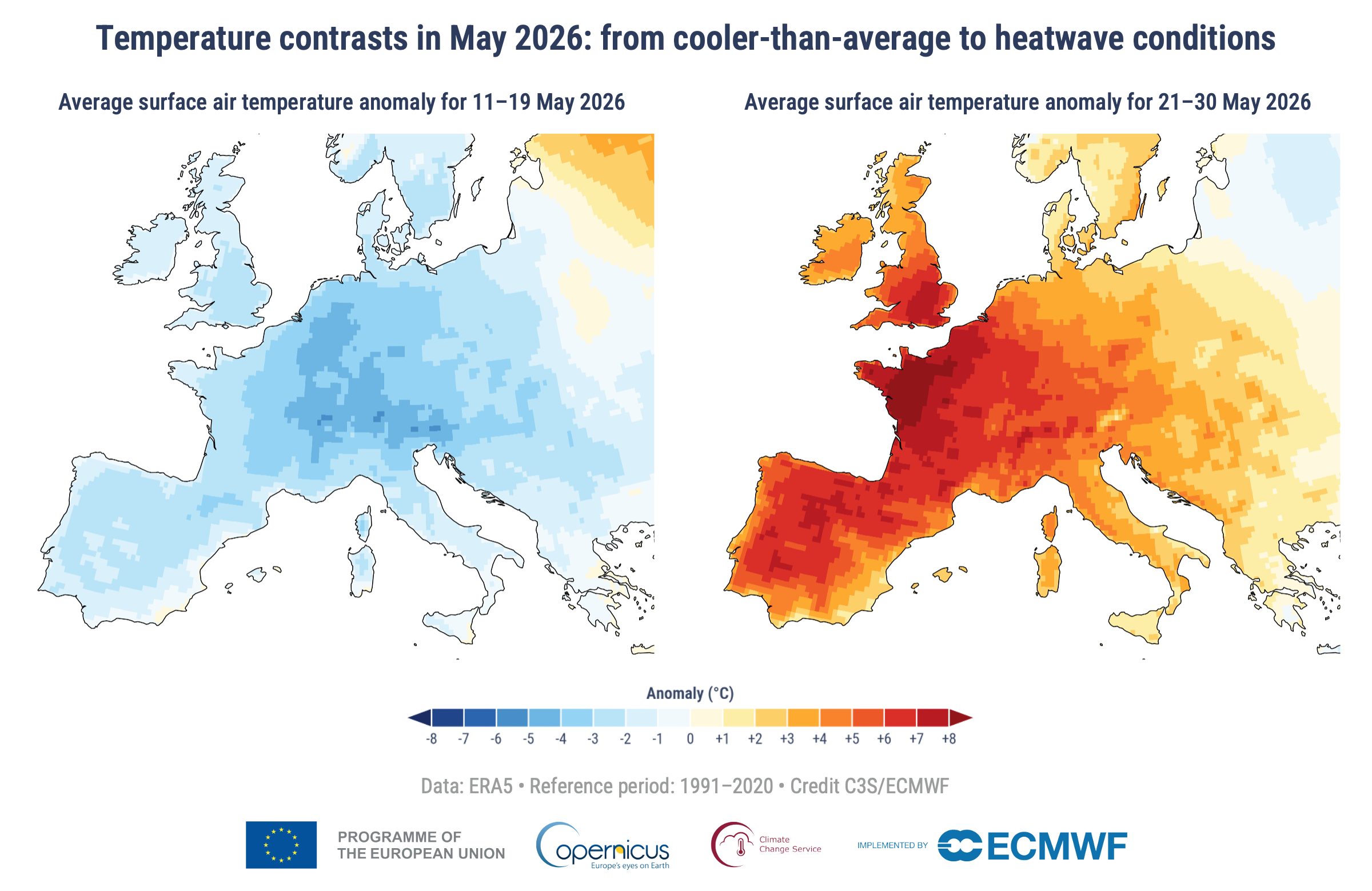 Zatímco druhá dekáda května od 11. do 20. května byla v Evropě teplotně podnormální, ta třetí se dostala výrazně nad normál